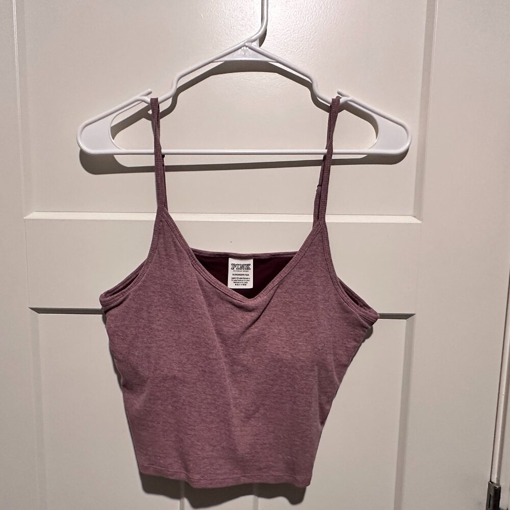 VS PINK Plum Ruby Soft Ribbed Cropped V-Neck Cami Tank Top Shirt Padded XL
